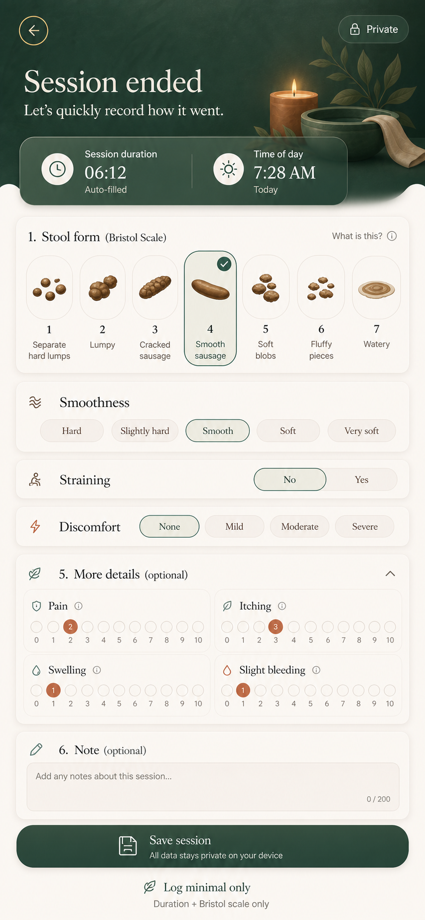Quick health entry screen